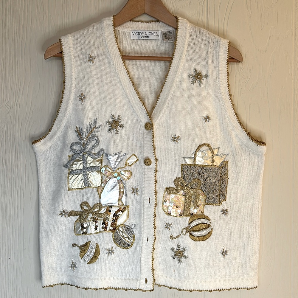Ugly Christmas Sweater Vest Gold Silver Metallic PL